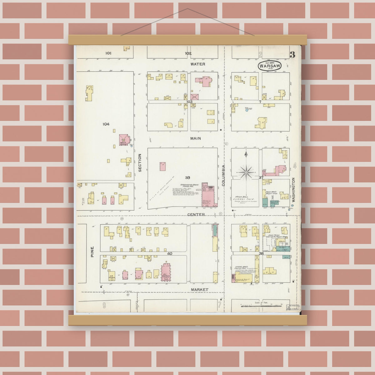 Old map wall art mockup — magnetic wood frame on brick wall — Sanborn Fire Insurance Map from Warsaw, Kosciusko County, Indiana (1892), Sheet #0003