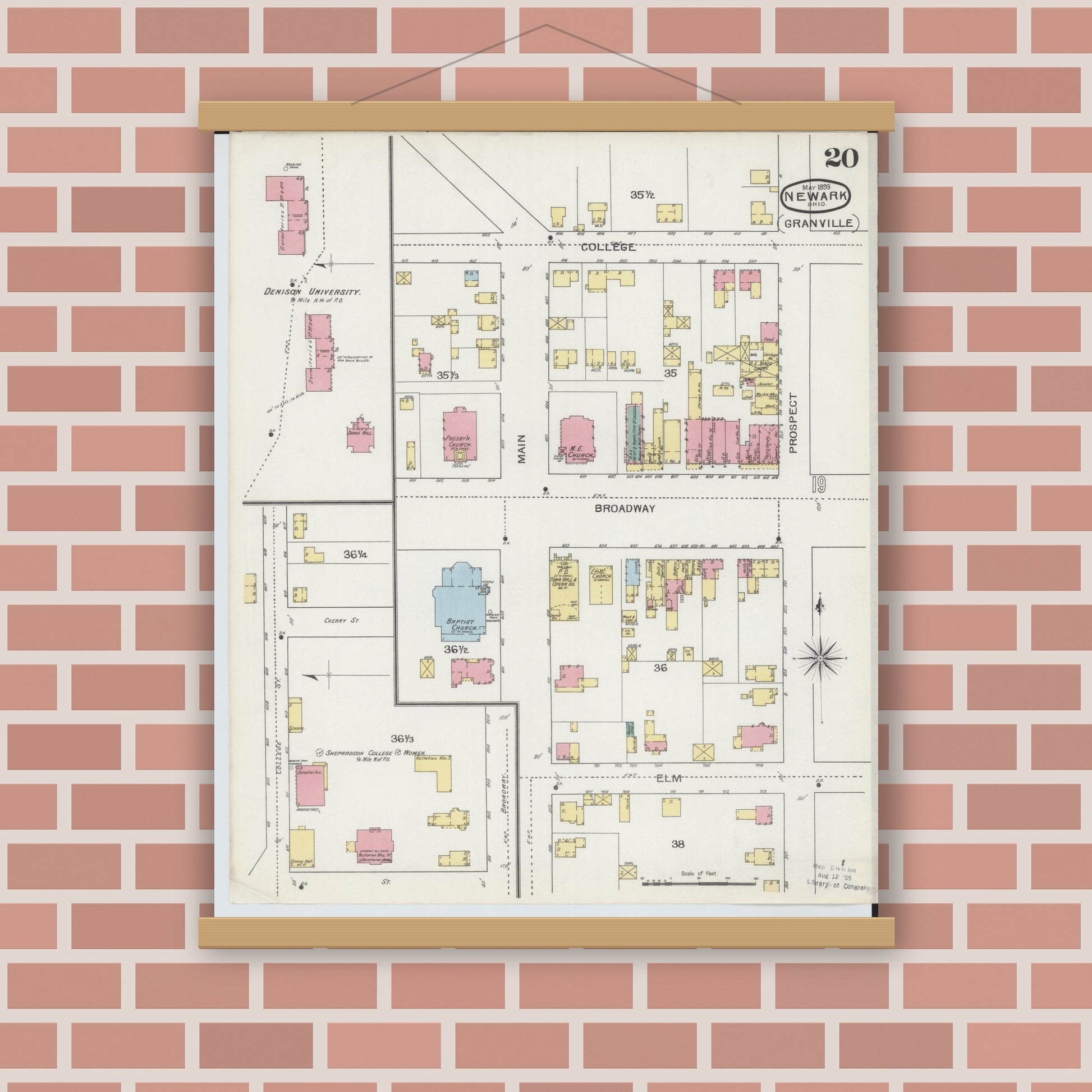 Old map wall art mockup — magnetic wood frame on brick wall — Sanborn Fire Insurance Map from Newark, Licking County, Ohio (1893), Sheet #0020