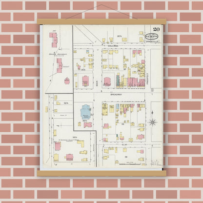 Old map wall art mockup — magnetic wood frame on brick wall — Sanborn Fire Insurance Map from Newark, Licking County, Ohio (1893), Sheet #0020