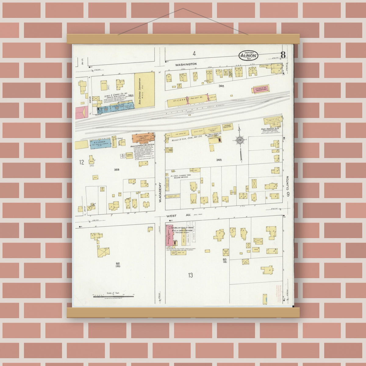 Old map wall art mockup — magnetic wood frame on brick wall — Sanborn Fire Insurance Map from Albion, Orleans County, New York (1917), Sheet #0008
