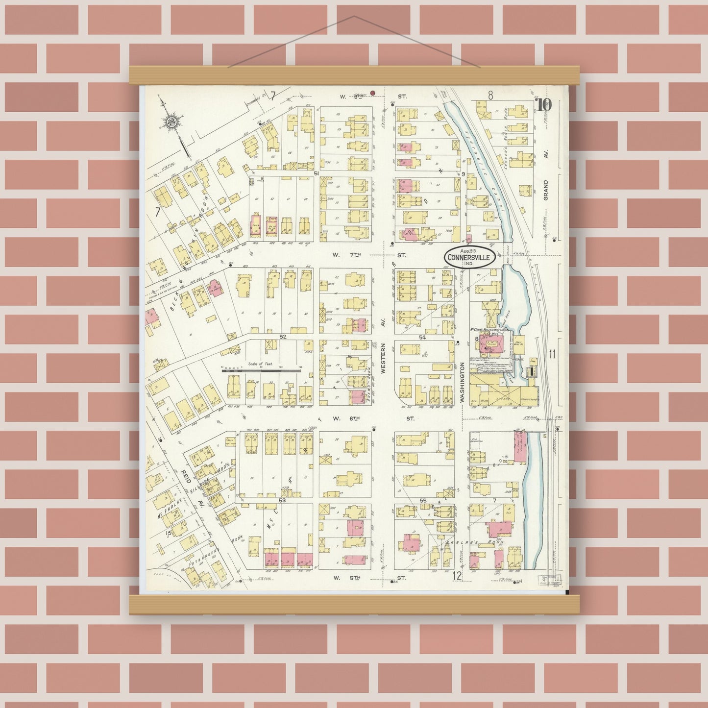 Old map wall art mockup — magnetic wood frame on brick wall — Sanborn Fire Insurance Map from Connersville, Fayette County, Indiana (1913), Sheet #0010