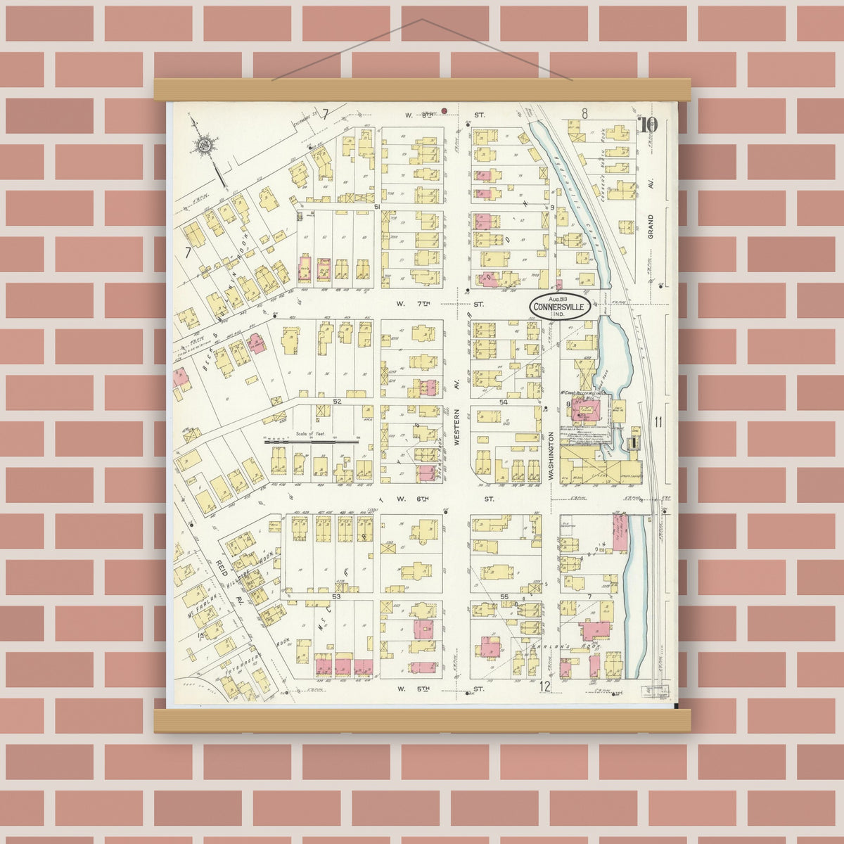 Old map wall art mockup — magnetic wood frame on brick wall — Sanborn Fire Insurance Map from Connersville, Fayette County, Indiana (1913), Sheet #0010