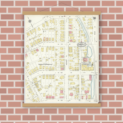 Old map wall art mockup — magnetic wood frame on brick wall — Sanborn Fire Insurance Map from Connersville, Fayette County, Indiana (1913), Sheet #0010