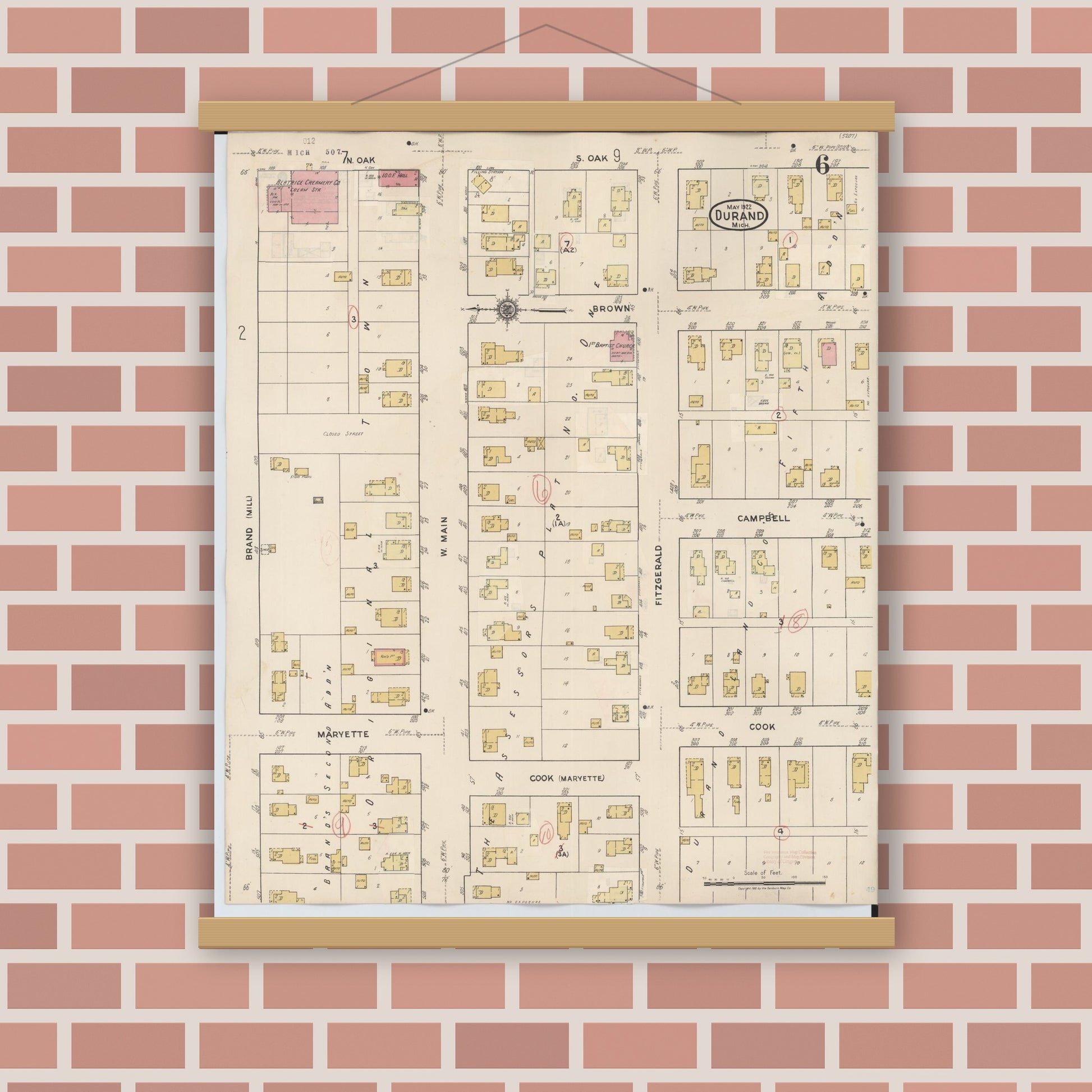 Old map wall art mockup — magnetic wood frame on brick wall — Sanborn Fire Insurance Map from Durand, Shiawassee County, Michigan (1944), Sheet #0006