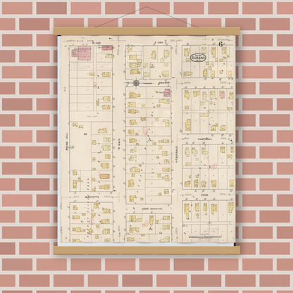 Old map wall art mockup — magnetic wood frame on brick wall — Sanborn Fire Insurance Map from Durand, Shiawassee County, Michigan (1944), Sheet #0006