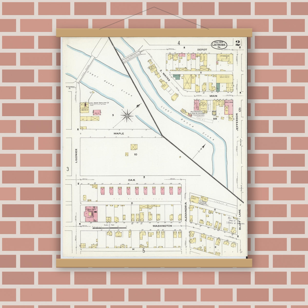Old map wall art mockup — magnetic wood frame on brick wall — Sanborn Fire Insurance Map from Latrobe, Westmoreland County, Pennsylvania (1909), Sheet #0002