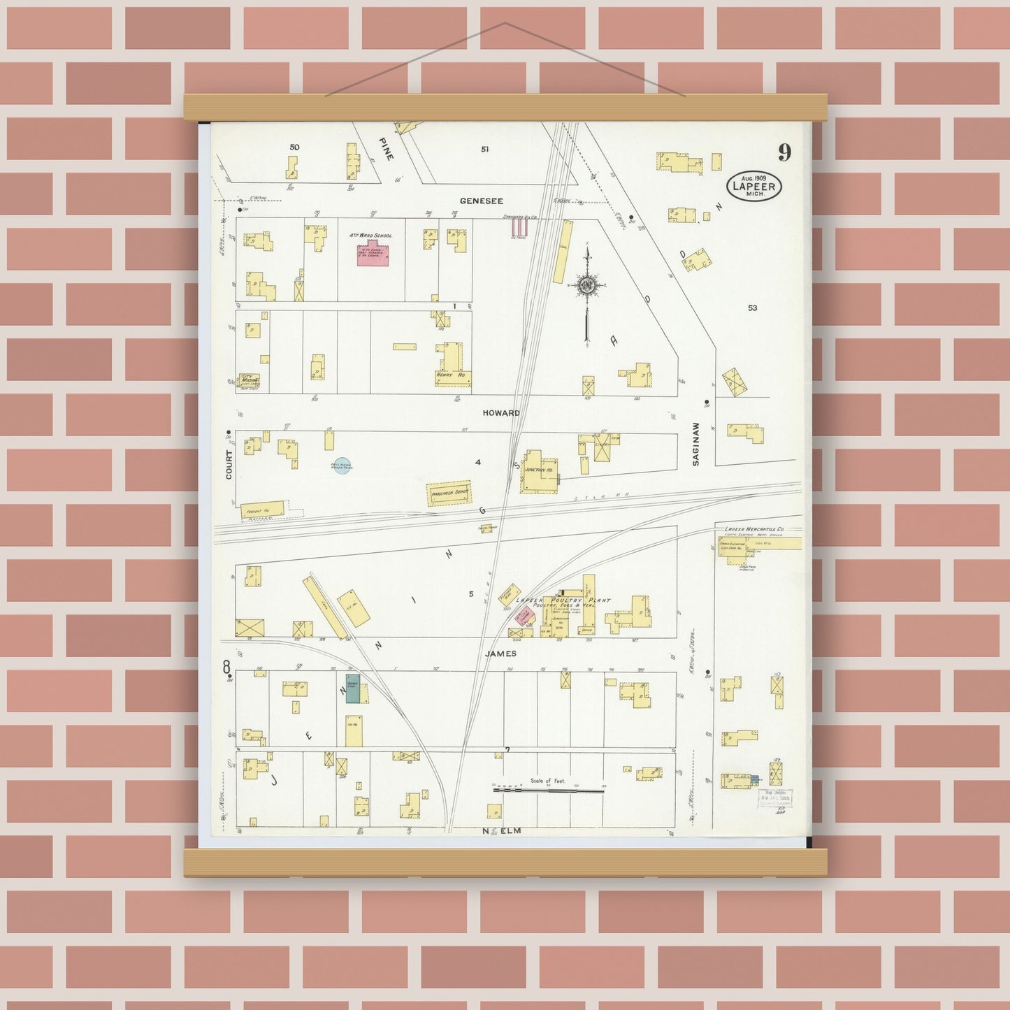 Old map wall art mockup — magnetic wood frame on brick wall — Sanborn Fire Insurance Map from Lapeer, Lapeer County, Michigan (1909), Sheet #0009