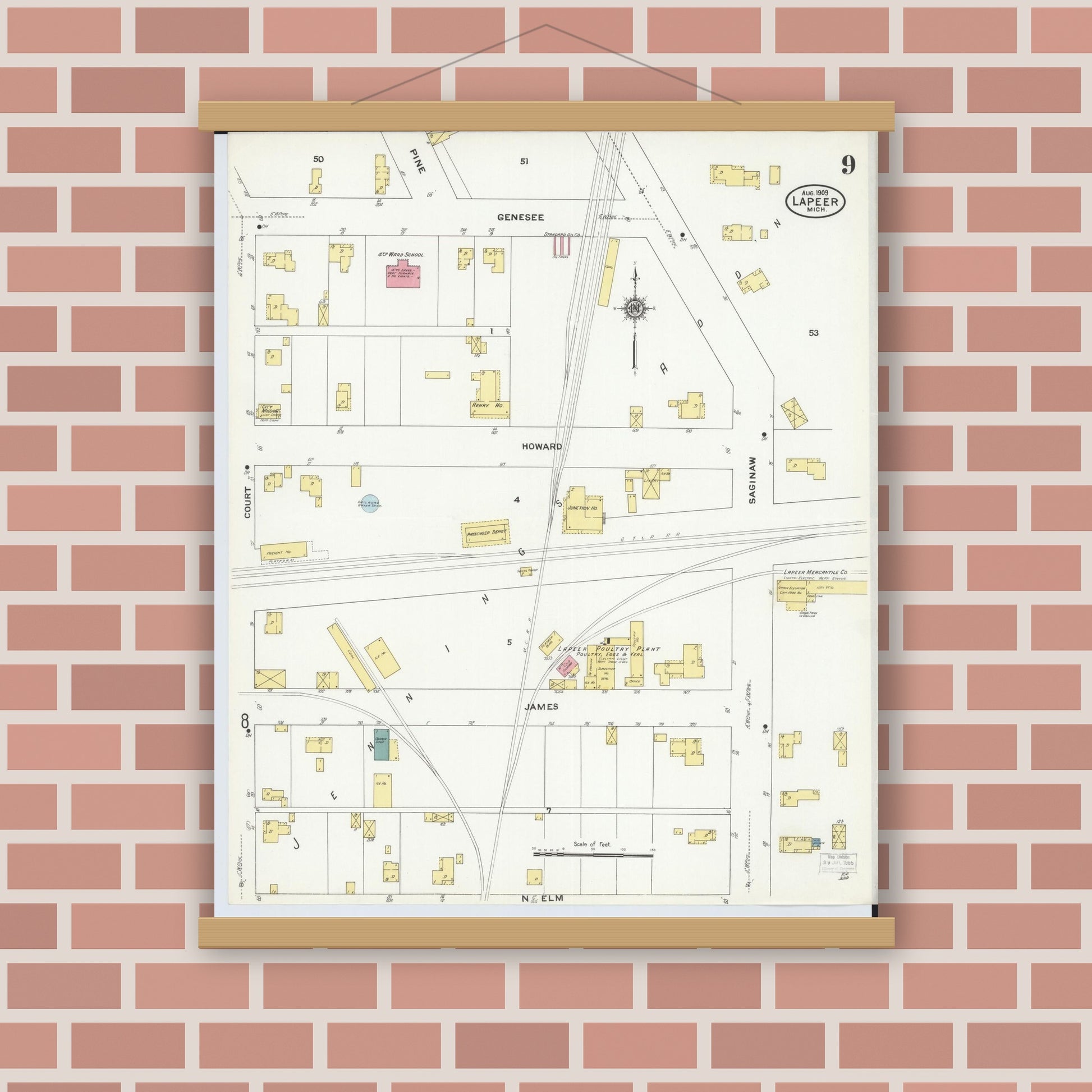 Old map wall art mockup — magnetic wood frame on brick wall — Sanborn Fire Insurance Map from Lapeer, Lapeer County, Michigan (1909), Sheet #0009