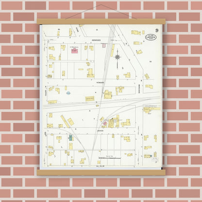 Old map wall art mockup — magnetic wood frame on brick wall — Sanborn Fire Insurance Map from Lapeer, Lapeer County, Michigan (1909), Sheet #0009