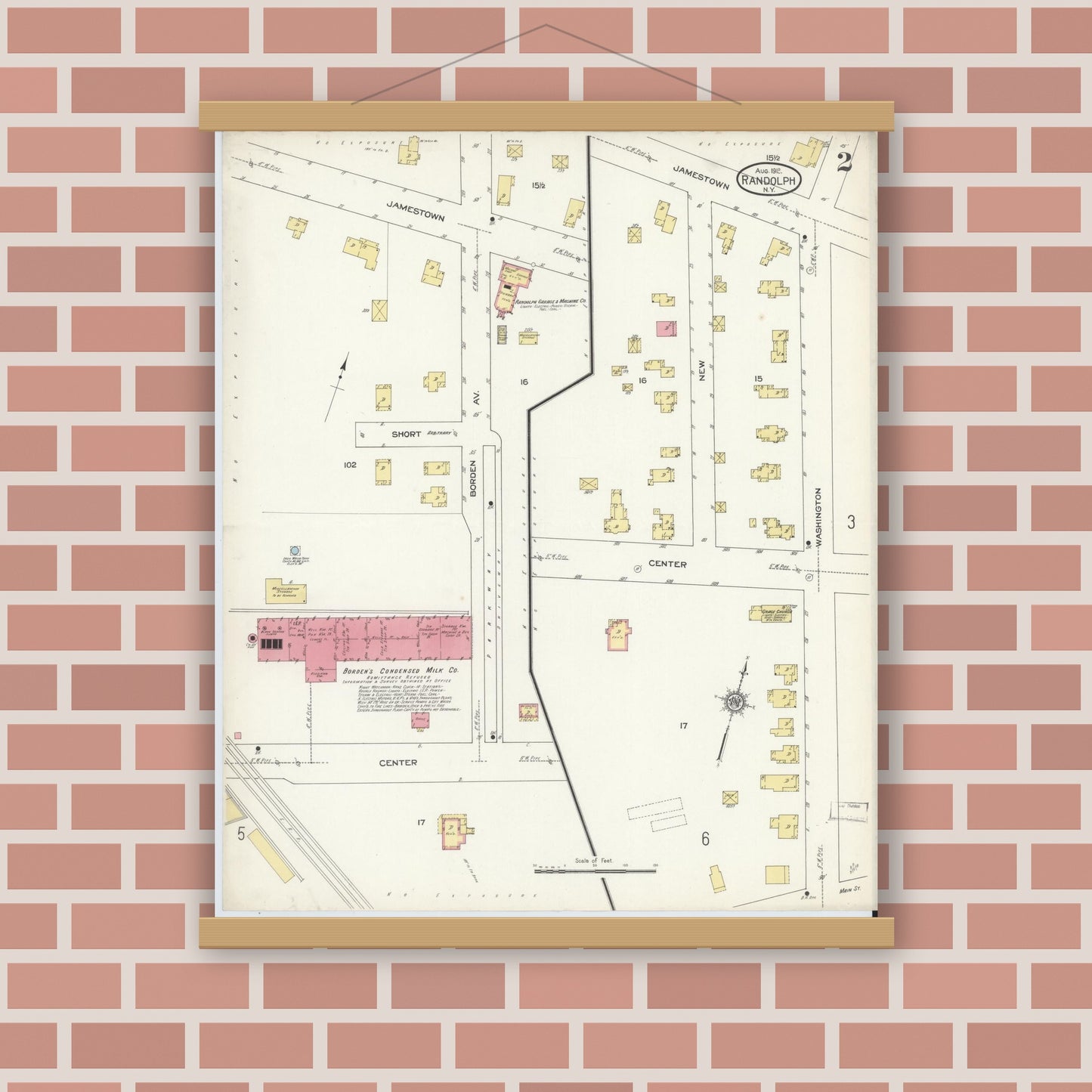 Old map wall art mockup — magnetic wood frame on brick wall — Sanborn Fire Insurance Map from Randolph, Cattaraugus County, New York (1913), Sheet #0002