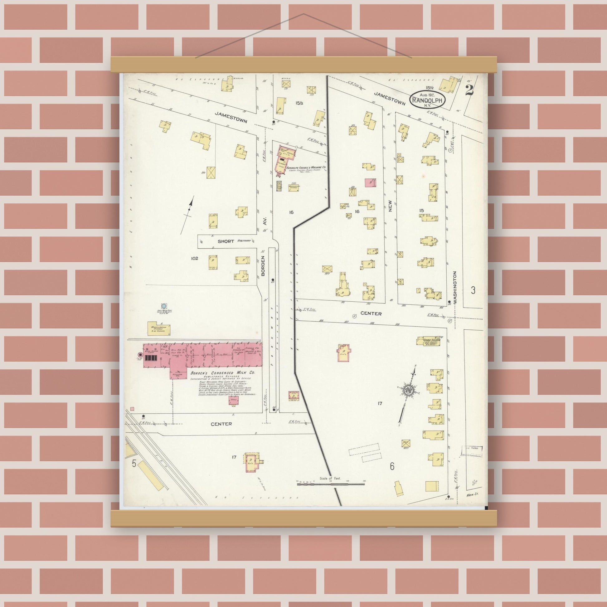 Old map wall art mockup — magnetic wood frame on brick wall — Sanborn Fire Insurance Map from Randolph, Cattaraugus County, New York (1913), Sheet #0002