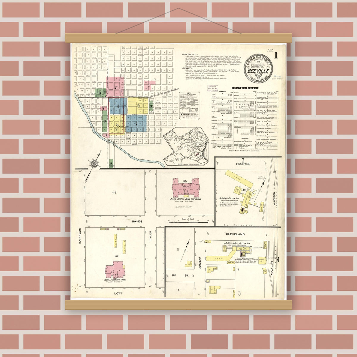Old map wall art mockup — magnetic wood frame on brick wall — Sanborn Fire Insurance Map from Beeville, Bee County, Texas (1914), Sheet #0001