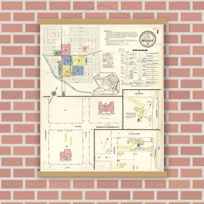 Old map wall art mockup — magnetic wood frame on brick wall — Sanborn Fire Insurance Map from Beeville, Bee County, Texas (1914), Sheet #0001