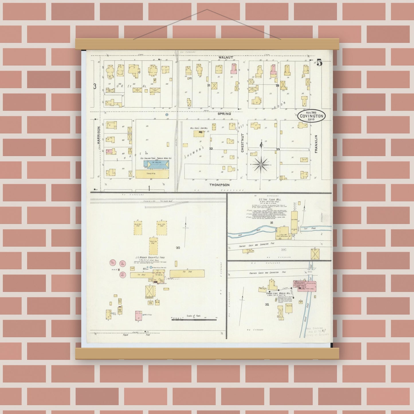 Old map wall art mockup — magnetic wood frame on brick wall — Sanborn Fire Insurance Map from Covington, Miami County, Ohio (1905), Sheet #0005