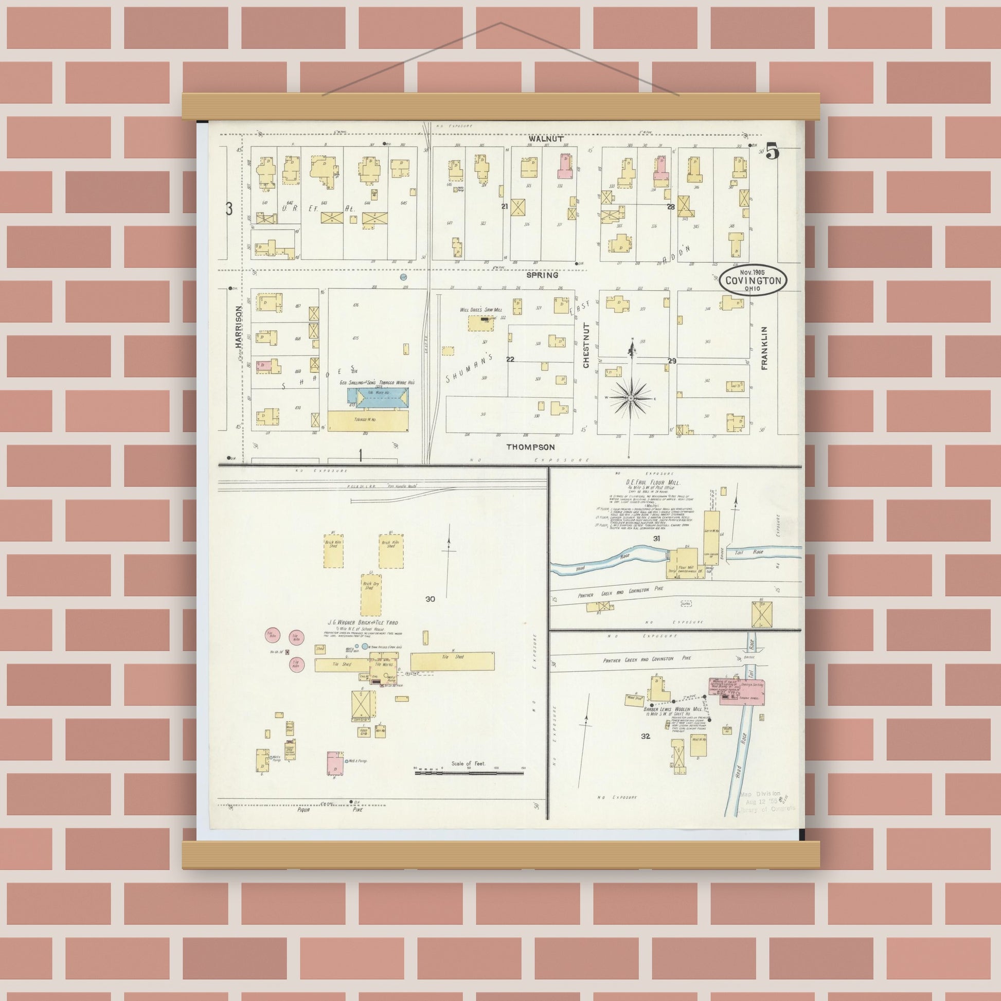 Old map wall art mockup — magnetic wood frame on brick wall — Sanborn Fire Insurance Map from Covington, Miami County, Ohio (1905), Sheet #0005