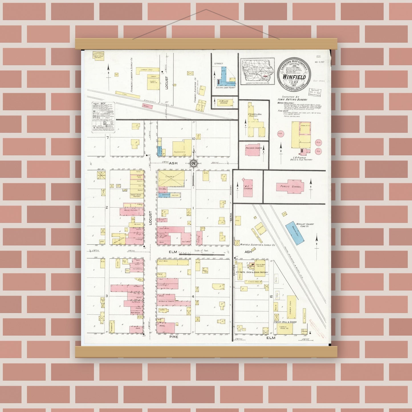 Old map wall art mockup — magnetic wood frame on brick wall — Sanborn Fire Insurance Map from Winfield, Henry County, Iowa (1917), Sheet #0001