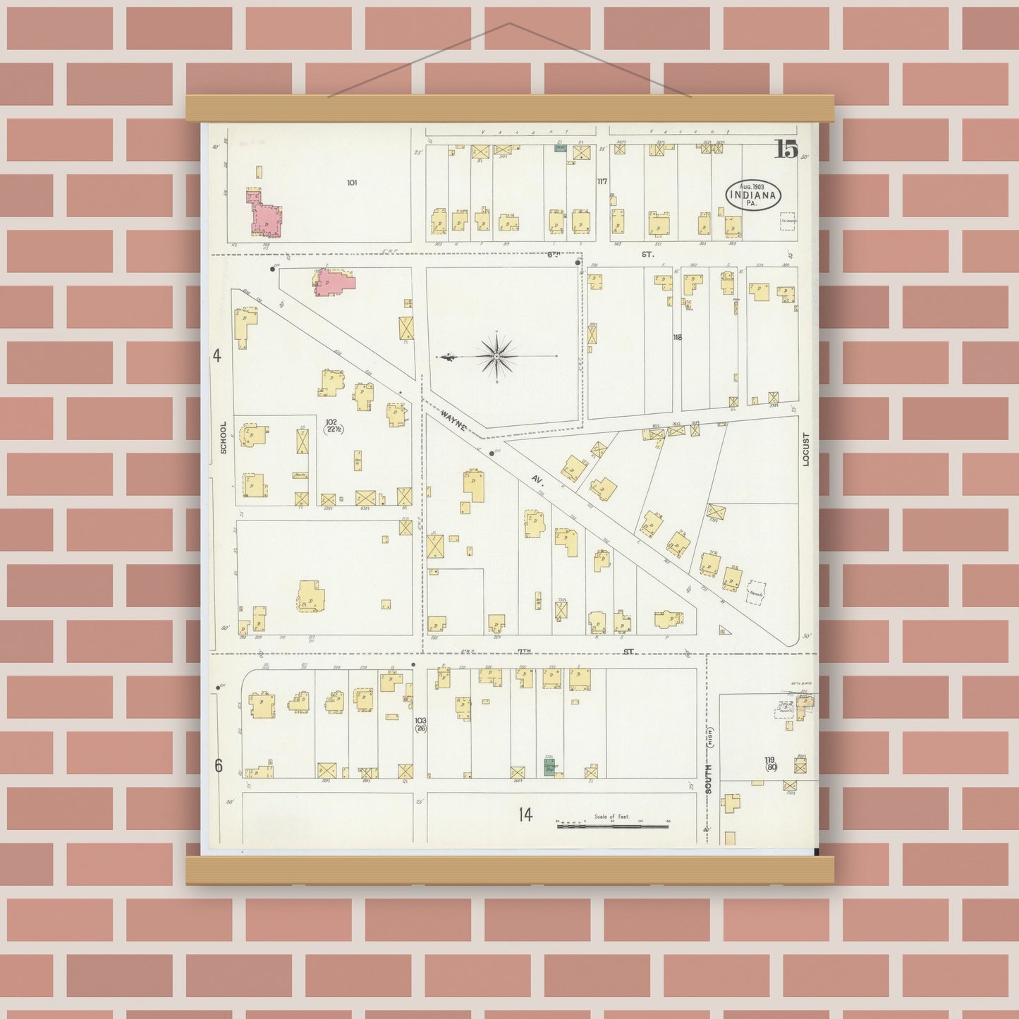 Old map wall art mockup — magnetic wood frame on brick wall — Sanborn Fire Insurance Map from Indiana, Indiana County, Pennsylvania (1903), Sheet #0015