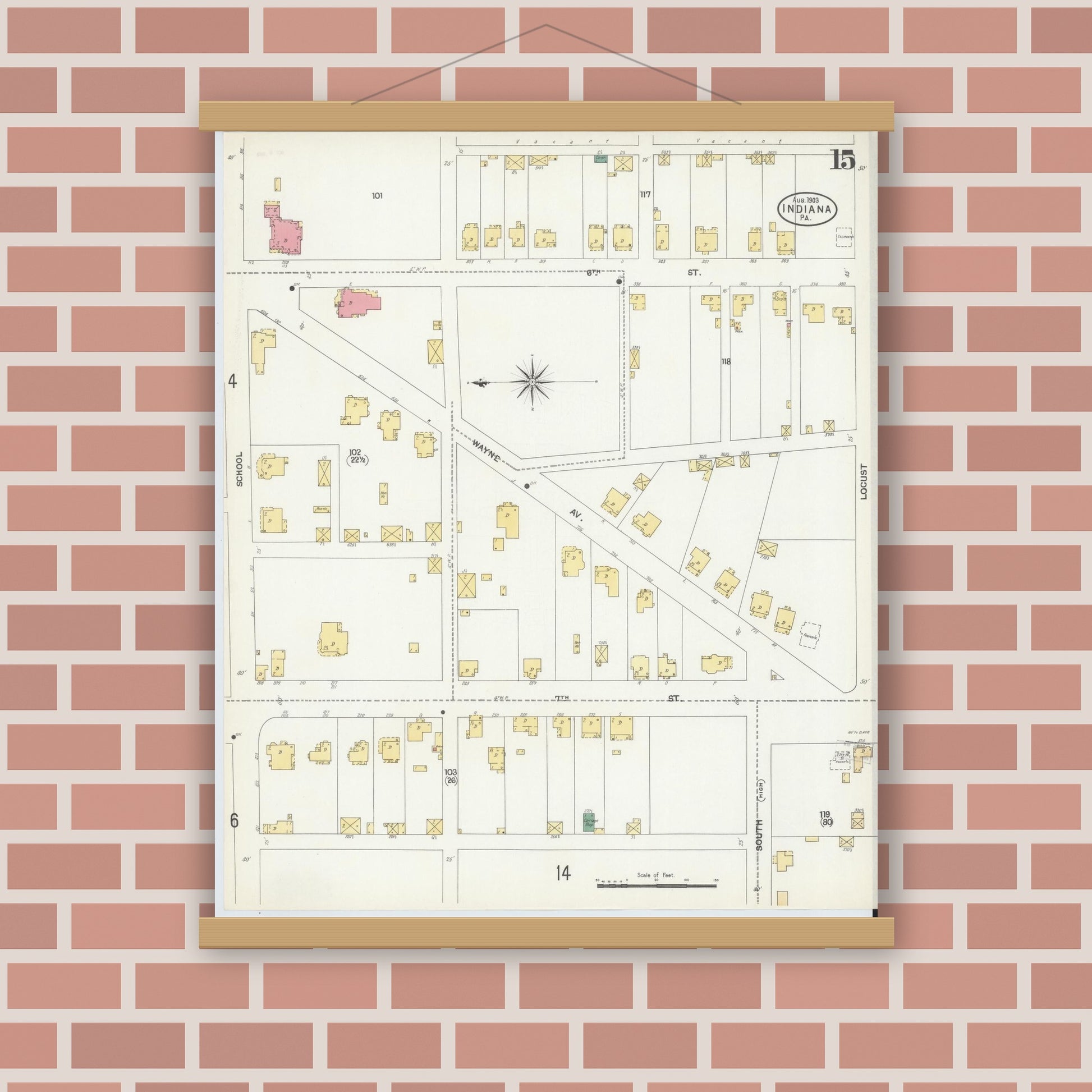 Old map wall art mockup — magnetic wood frame on brick wall — Sanborn Fire Insurance Map from Indiana, Indiana County, Pennsylvania (1903), Sheet #0015