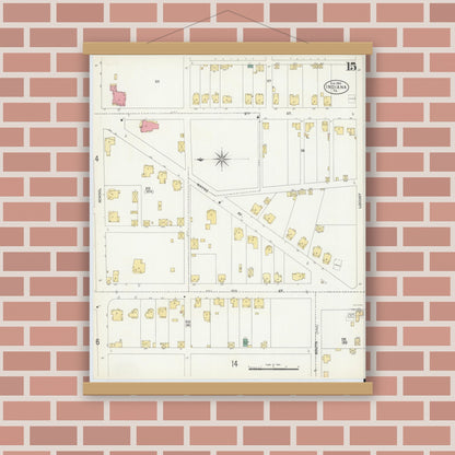 Old map wall art mockup — magnetic wood frame on brick wall — Sanborn Fire Insurance Map from Indiana, Indiana County, Pennsylvania (1903), Sheet #0015