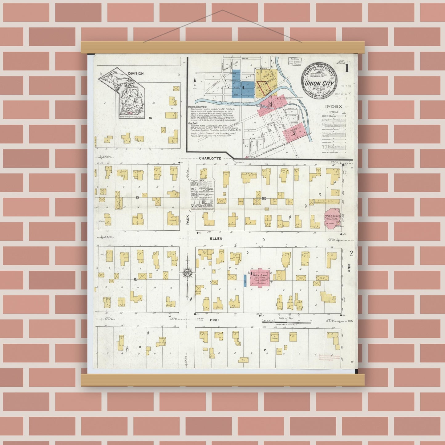 Old map wall art mockup — magnetic wood frame on brick wall — Sanborn Fire Insurance Map from Union City, Branch And Calhoun Counties, Michigan (1918) - Complete Map Set
