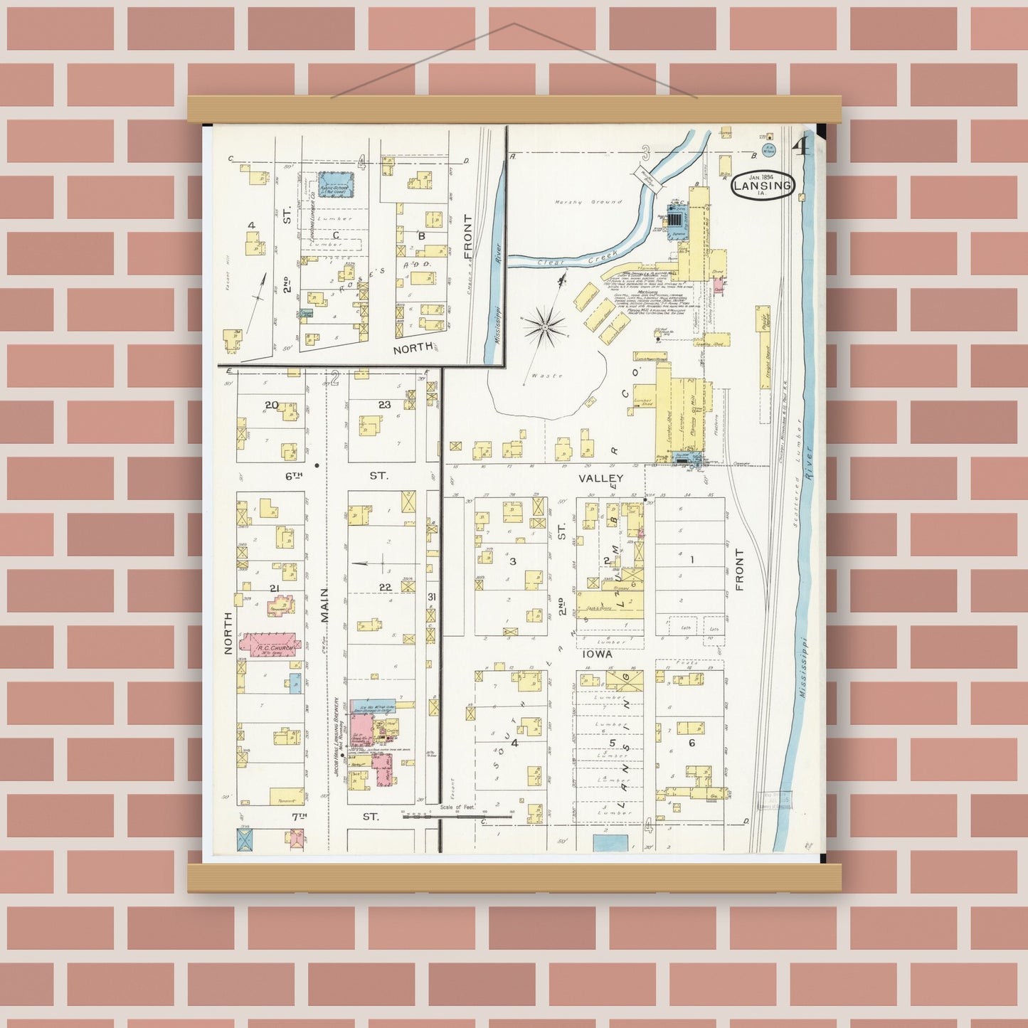 Old map wall art mockup — magnetic wood frame on brick wall — Sanborn Fire Insurance Map from Lansing, Allamakee County, Iowa (1894), Sheet #0004