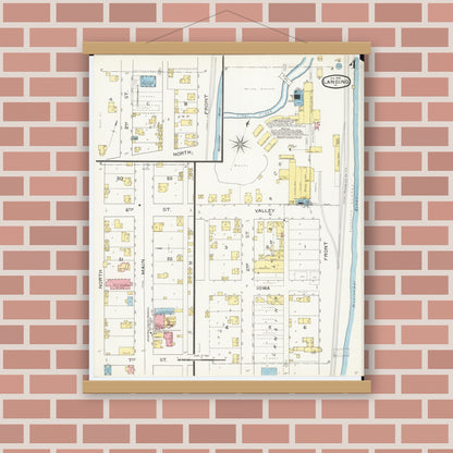 Old map wall art mockup — magnetic wood frame on brick wall — Sanborn Fire Insurance Map from Lansing, Allamakee County, Iowa (1894), Sheet #0004