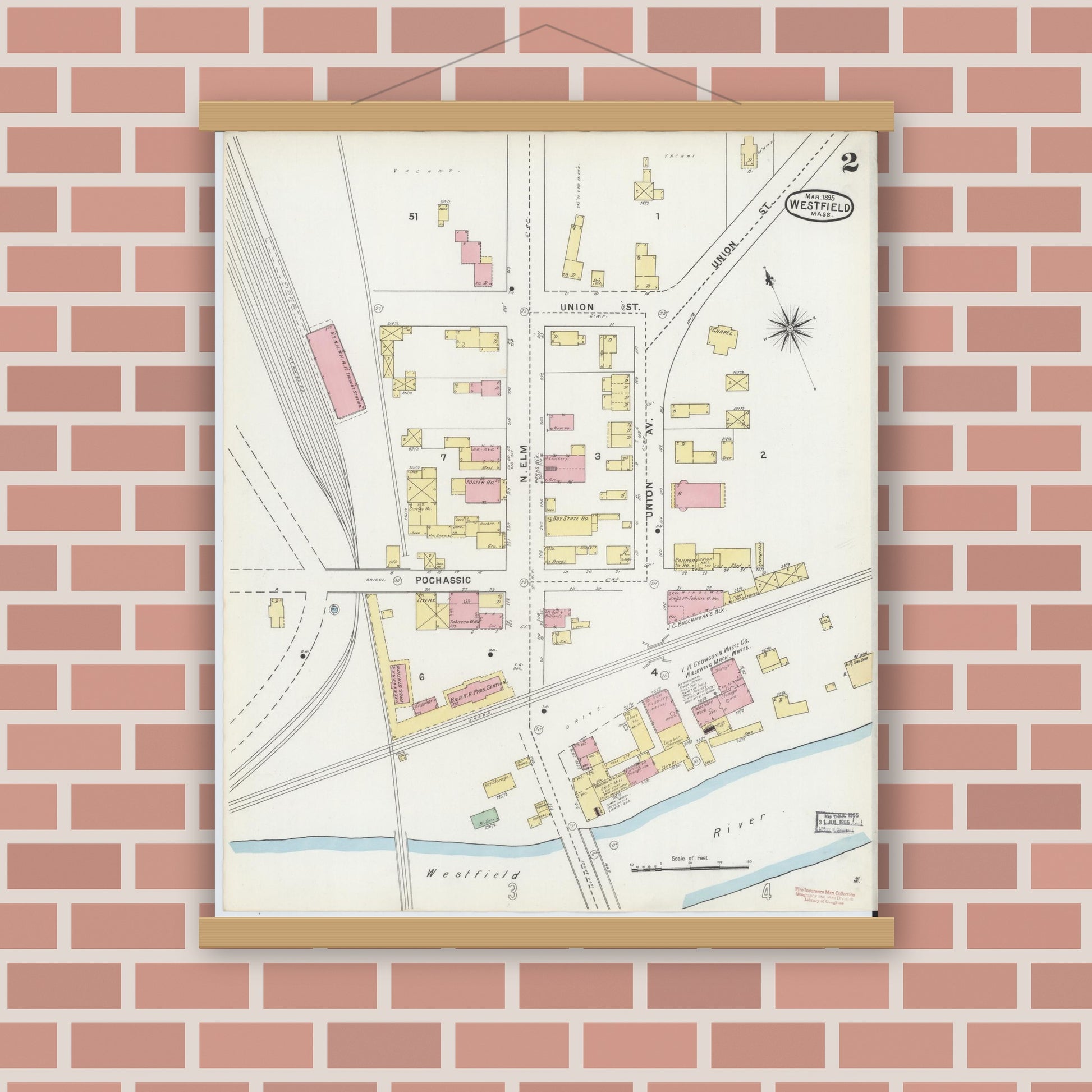 Old map wall art mockup — magnetic wood frame on brick wall — Sanborn Fire Insurance Map from Westfield, Hampden County, Massachusetts (1895), Sheet #0002