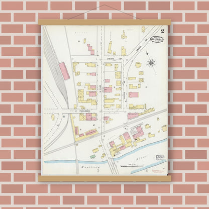 Old map wall art mockup — magnetic wood frame on brick wall — Sanborn Fire Insurance Map from Westfield, Hampden County, Massachusetts (1895), Sheet #0002