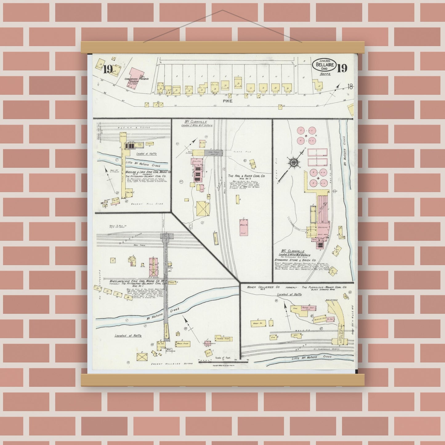 Old map wall art mockup — magnetic wood frame on brick wall — Sanborn Fire Insurance Map from Bellaire, Belmont County, Ohio (1924), Sheet #0019