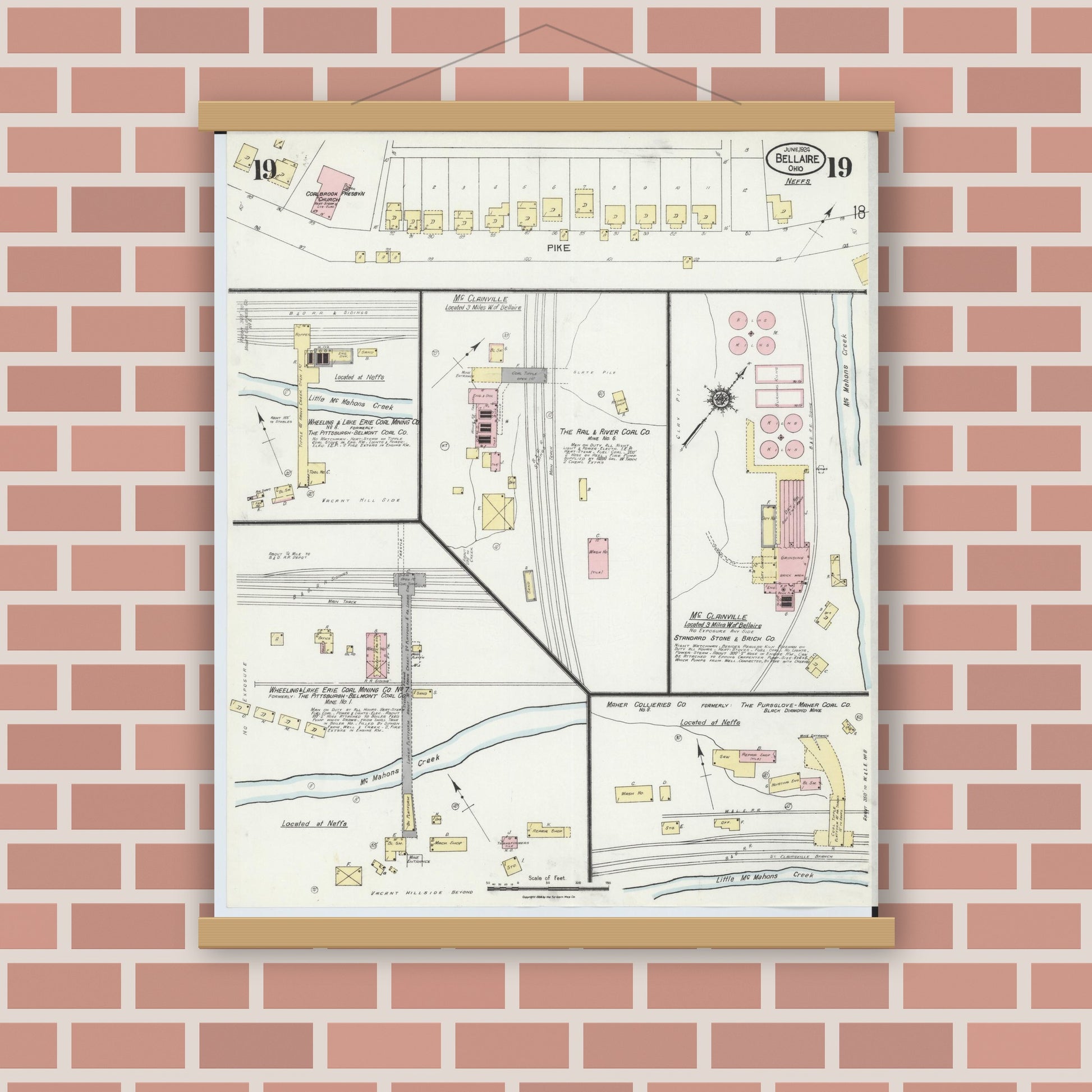 Old map wall art mockup — magnetic wood frame on brick wall — Sanborn Fire Insurance Map from Bellaire, Belmont County, Ohio (1924), Sheet #0019