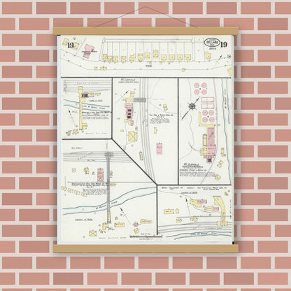 Old map wall art mockup — magnetic wood frame on brick wall — Sanborn Fire Insurance Map from Bellaire, Belmont County, Ohio (1924), Sheet #0019