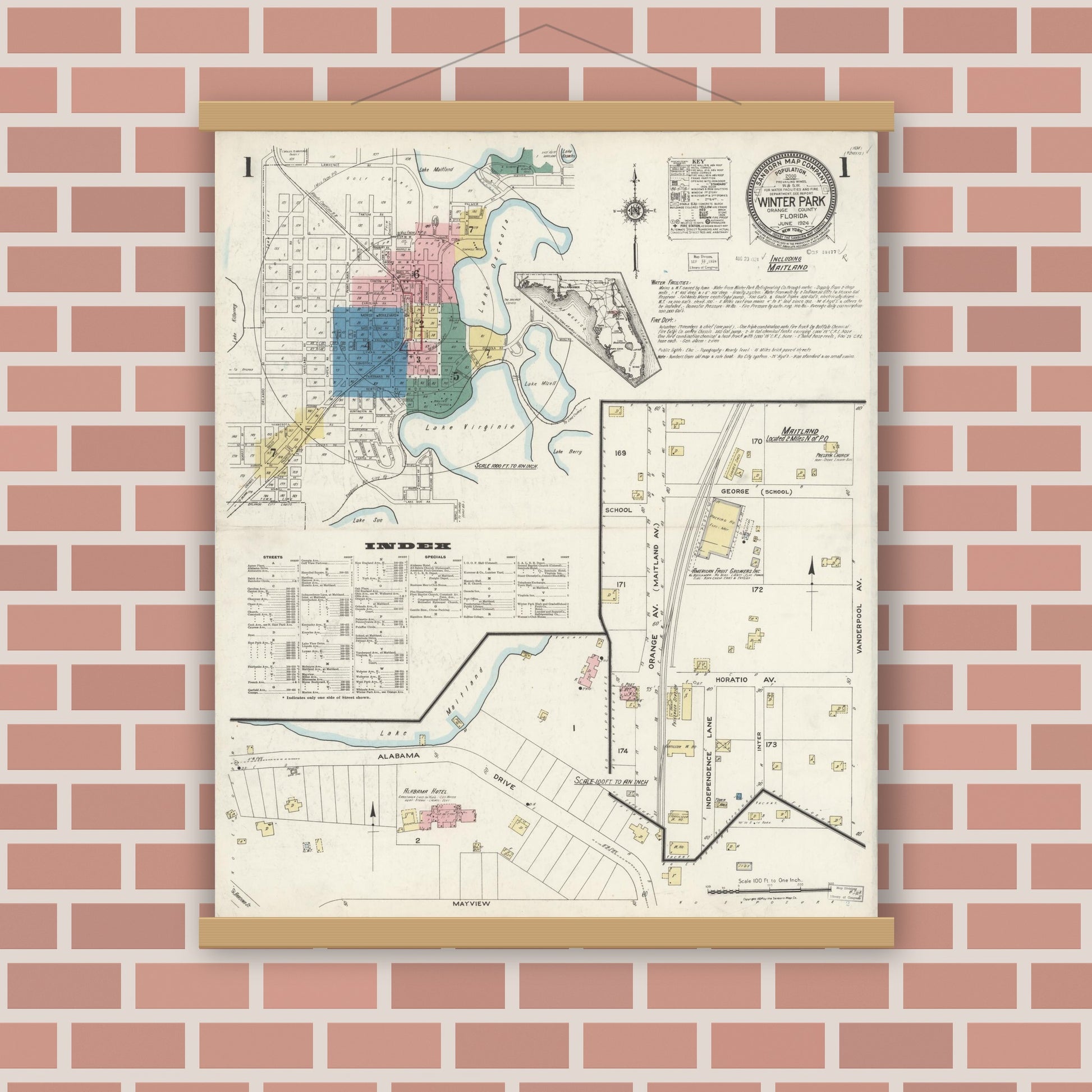 Old map wall art mockup — magnetic wood frame on brick wall — Sanborn Fire Insurance Map from Winter Park, Orange County, Florida (1924) - Complete Map Set