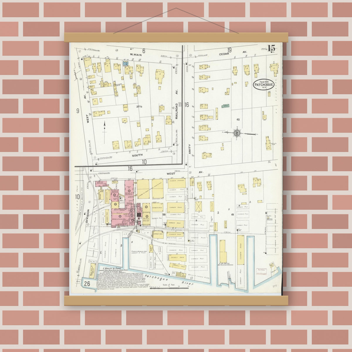 Old map wall art mockup — magnetic wood frame on brick wall — Sanborn Fire Insurance Map from Patchogue, Suffolk County, New York (1910), Sheet #0015