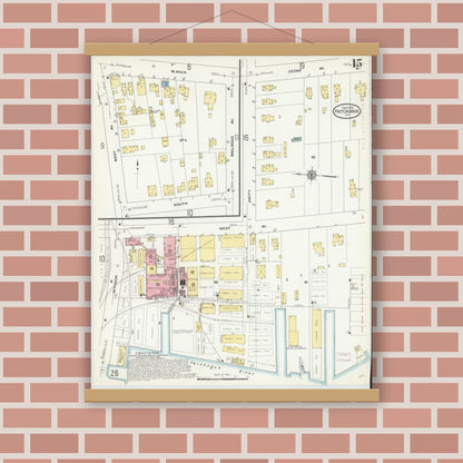 Old map wall art mockup — magnetic wood frame on brick wall — Sanborn Fire Insurance Map from Patchogue, Suffolk County, New York (1910), Sheet #0015