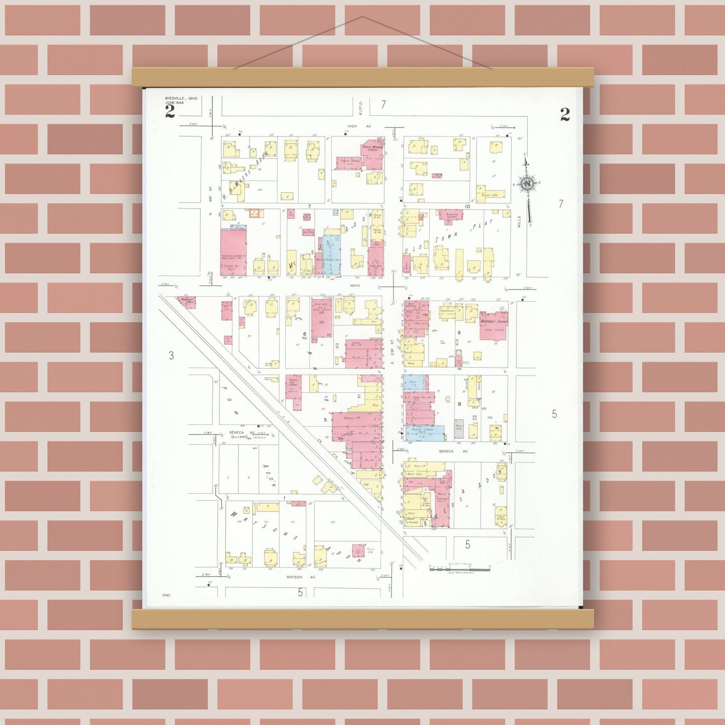 Old map wall art mockup — magnetic wood frame on brick wall — Sanborn Fire Insurance Map from Byesville, Guernsey County, Ohio (1948), Sheet #0002