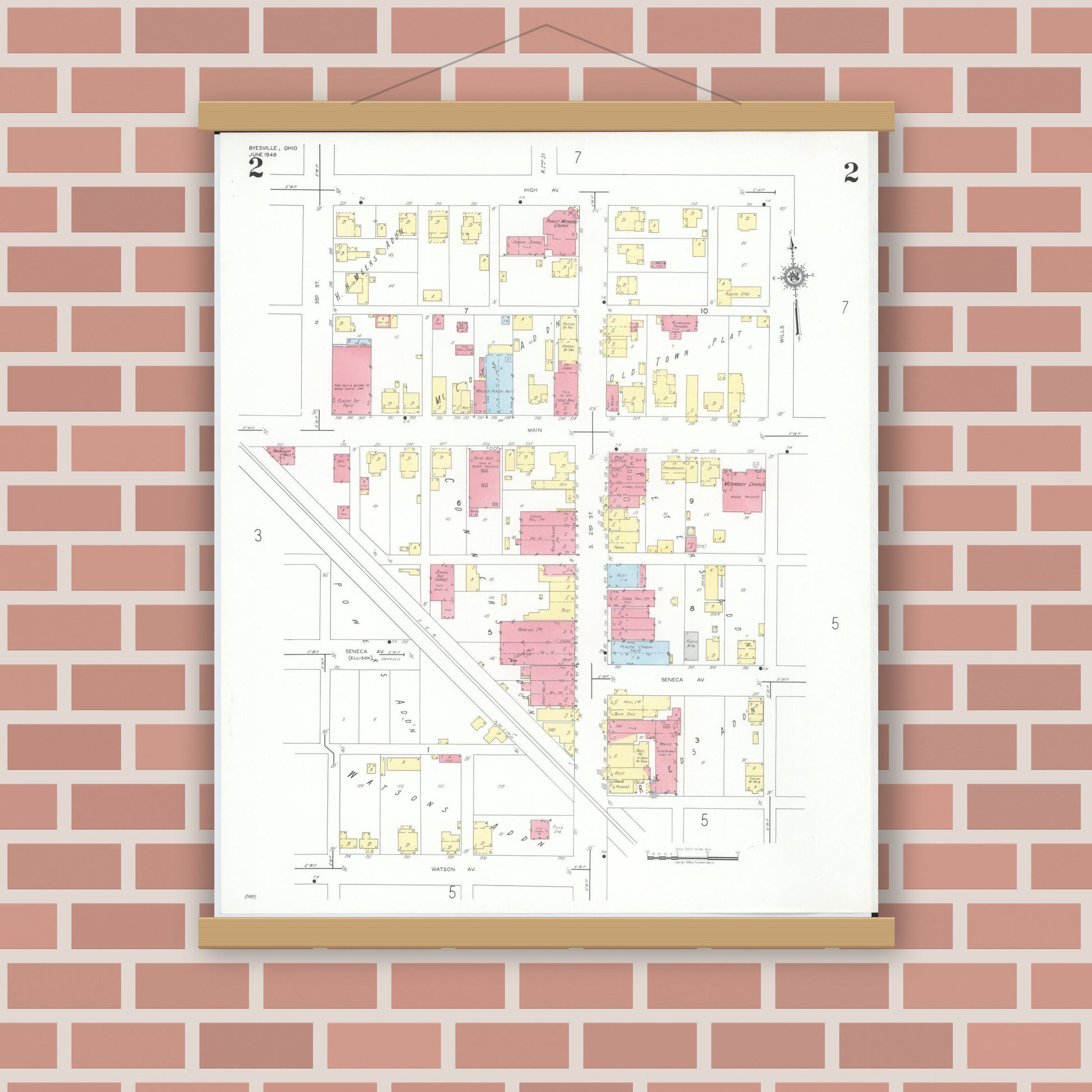 Old map wall art mockup — magnetic wood frame on brick wall — Sanborn Fire Insurance Map from Byesville, Guernsey County, Ohio (1948), Sheet #0002