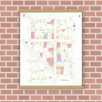Old map wall art mockup — magnetic wood frame on brick wall — Sanborn Fire Insurance Map from Byesville, Guernsey County, Ohio (1948), Sheet #0002