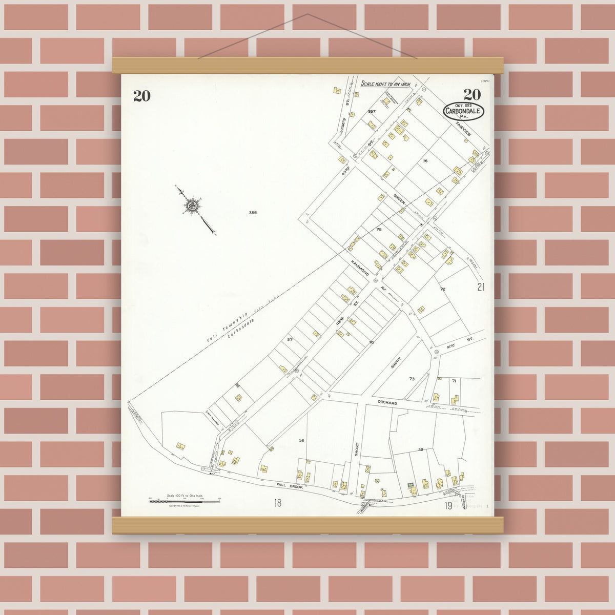 Old map wall art mockup — magnetic wood frame on brick wall — Sanborn Fire Insurance Map from Carbondale, Lackawanna County, Pennsylvania (1923), Sheet #0020