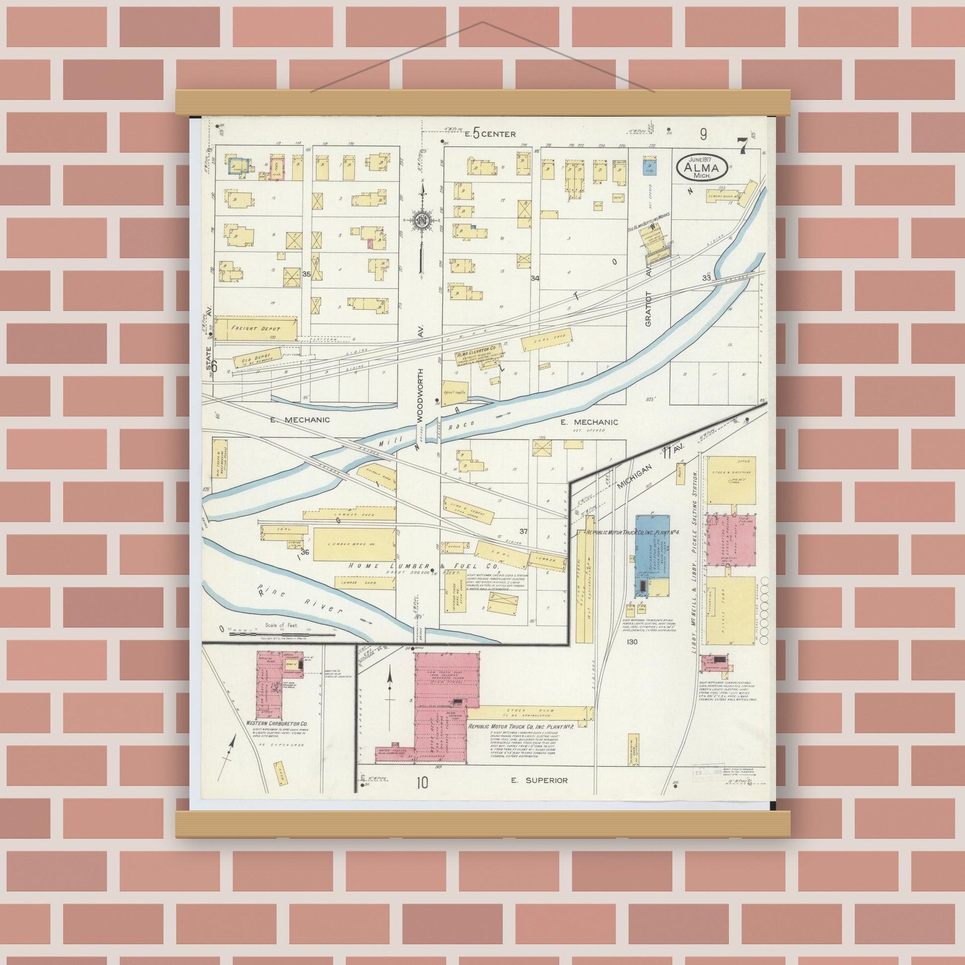 Old map wall art mockup — magnetic wood frame on brick wall — Sanborn Fire Insurance Map from Alma, Gratiot County, Michigan (1917), Sheet #0007