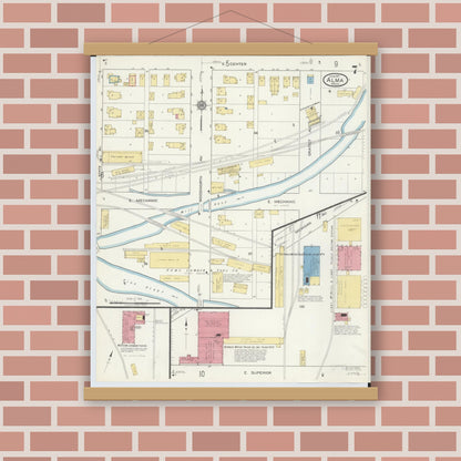 Old map wall art mockup — magnetic wood frame on brick wall — Sanborn Fire Insurance Map from Alma, Gratiot County, Michigan (1917), Sheet #0007