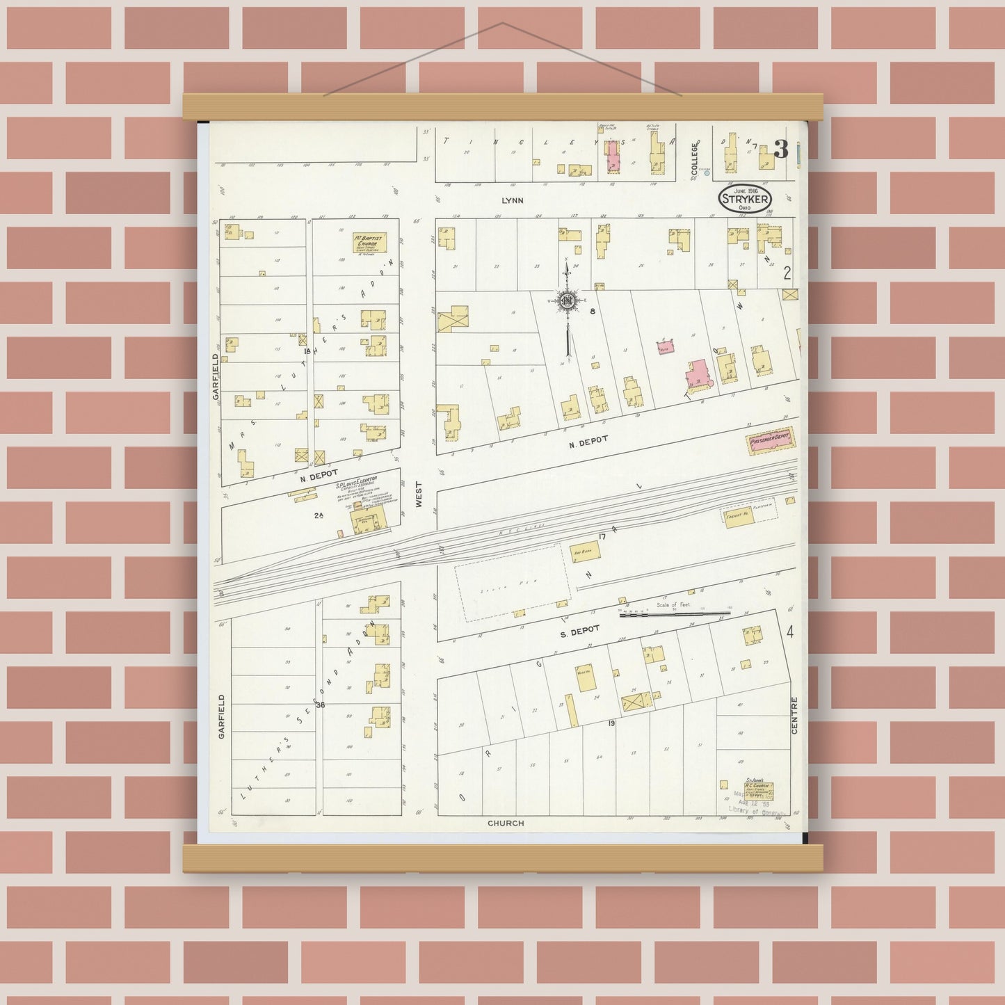 Old map wall art mockup — magnetic wood frame on brick wall — Sanborn Fire Insurance Map from Stryker, Williams County, Ohio (1916), Sheet #0003