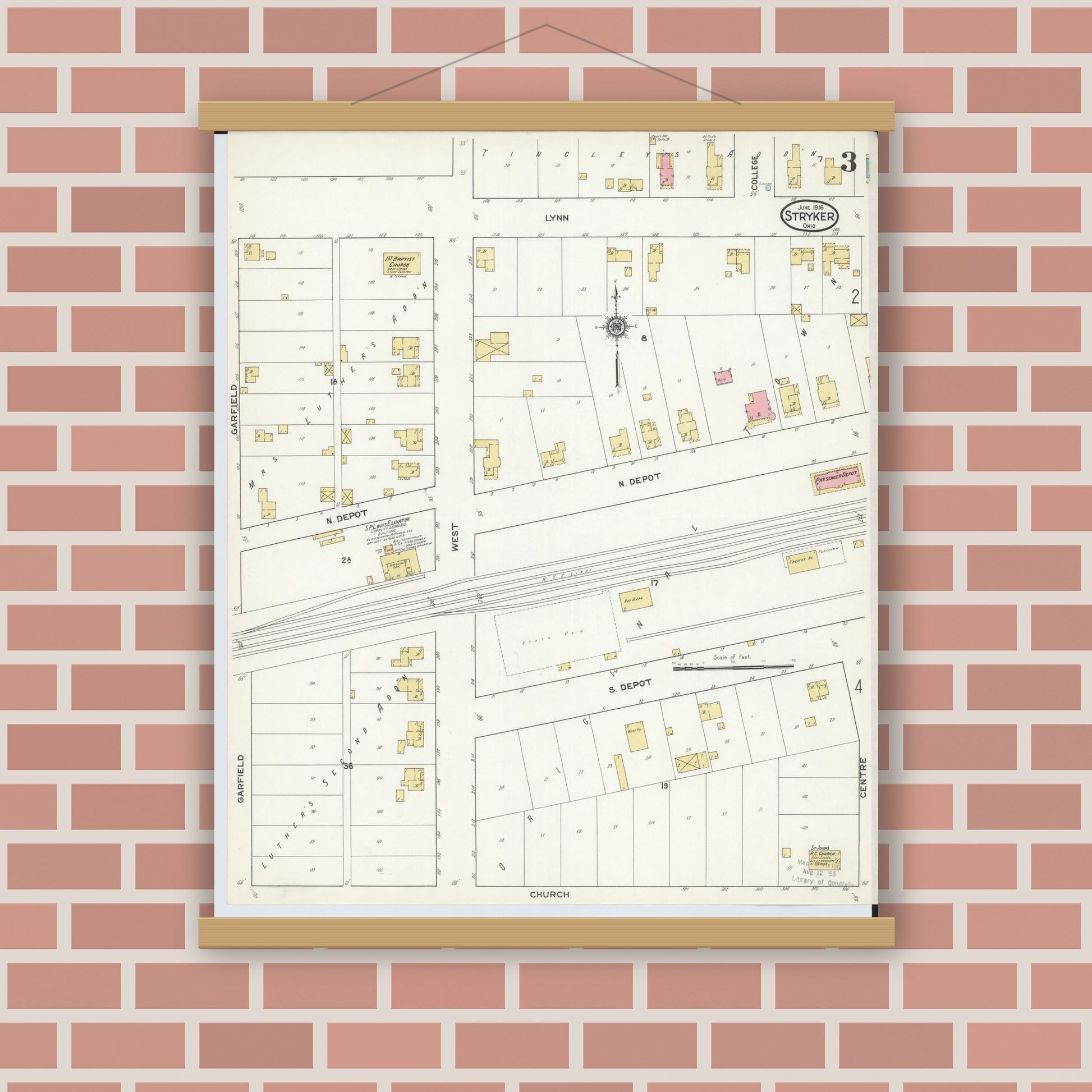 Old map wall art mockup — magnetic wood frame on brick wall — Sanborn Fire Insurance Map from Stryker, Williams County, Ohio (1916), Sheet #0003