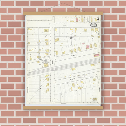 Old map wall art mockup — magnetic wood frame on brick wall — Sanborn Fire Insurance Map from Stryker, Williams County, Ohio (1916), Sheet #0003