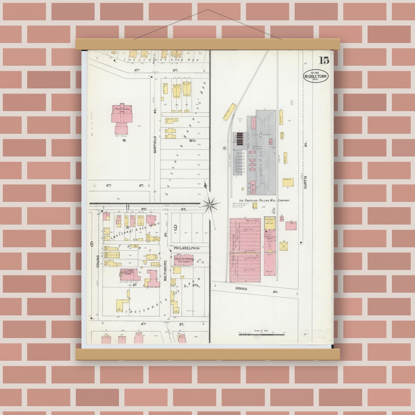 Old map wall art mockup — magnetic wood frame on brick wall — Sanborn Fire Insurance Map from Middletown, Butler County, Ohio (1901), Sheet #0015