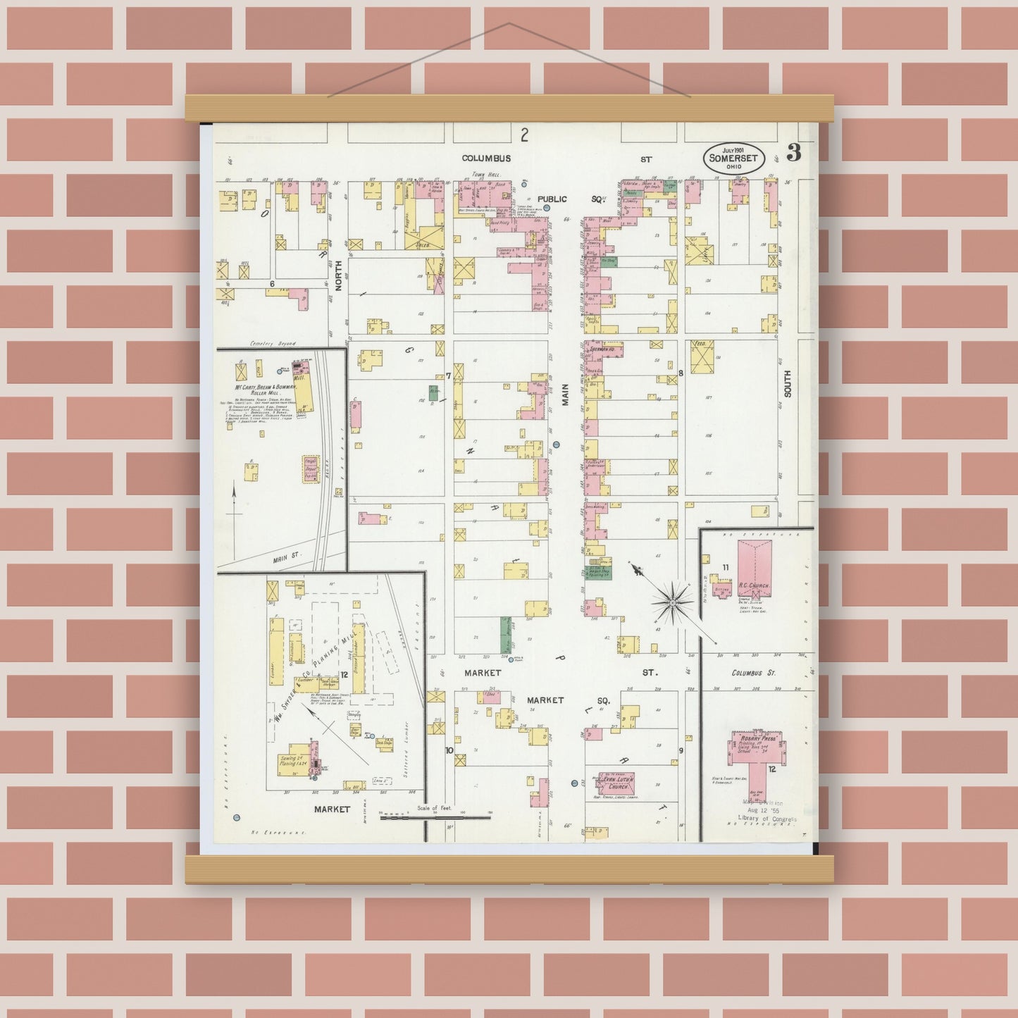 Old map wall art mockup — magnetic wood frame on brick wall — Sanborn Fire Insurance Map from Somerset, Perry County, Ohio (1901), Sheet #0003