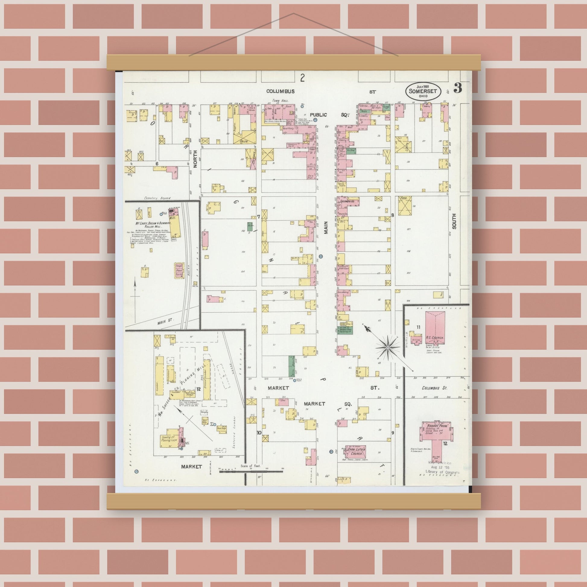 Old map wall art mockup — magnetic wood frame on brick wall — Sanborn Fire Insurance Map from Somerset, Perry County, Ohio (1901), Sheet #0003
