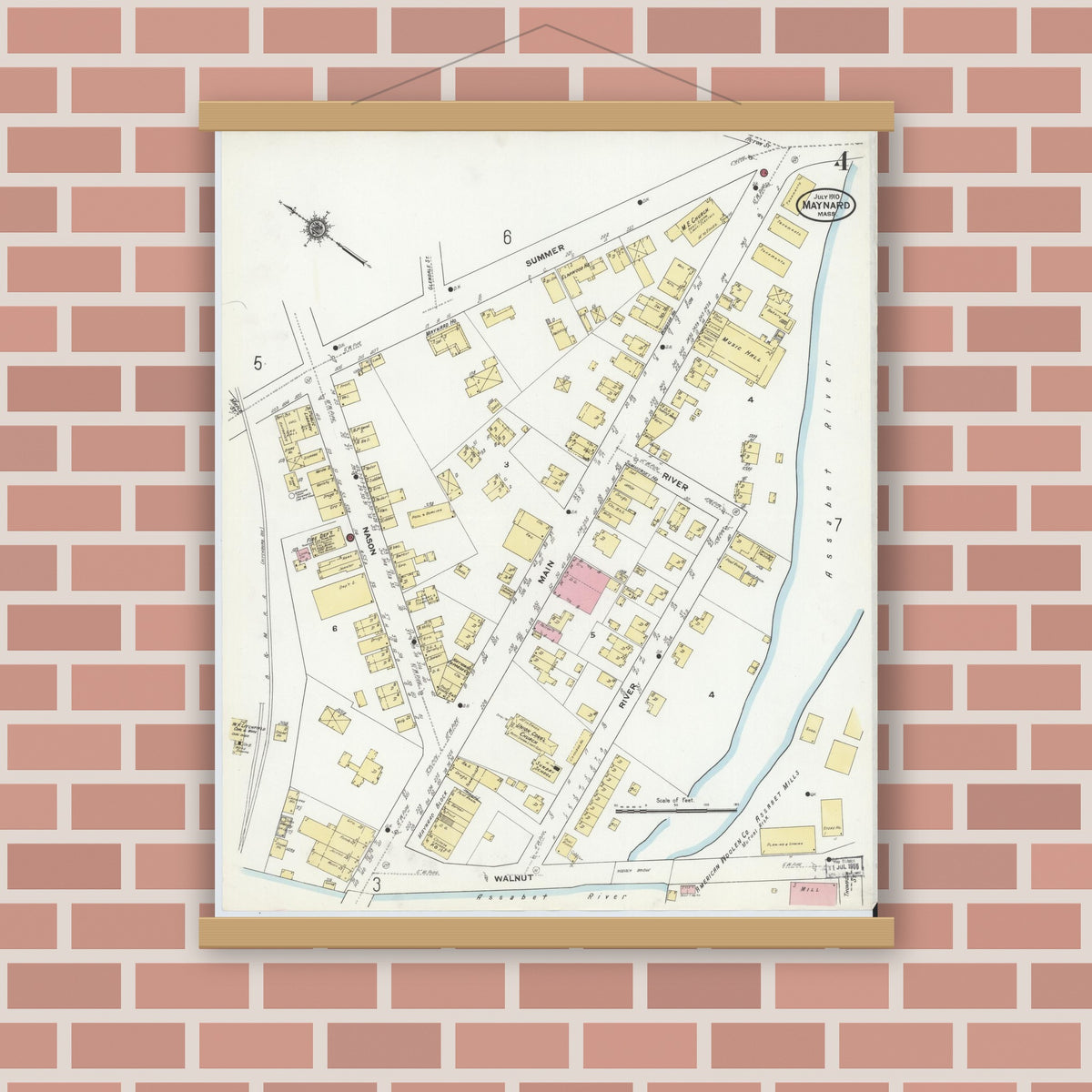 Old map wall art mockup — magnetic wood frame on brick wall — Sanborn Fire Insurance Map from Maynard, Middlesex County, Massachusetts (1910), Sheet #0004
