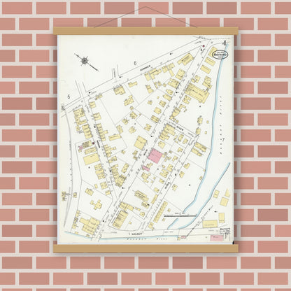 Old map wall art mockup — magnetic wood frame on brick wall — Sanborn Fire Insurance Map from Maynard, Middlesex County, Massachusetts (1910), Sheet #0004