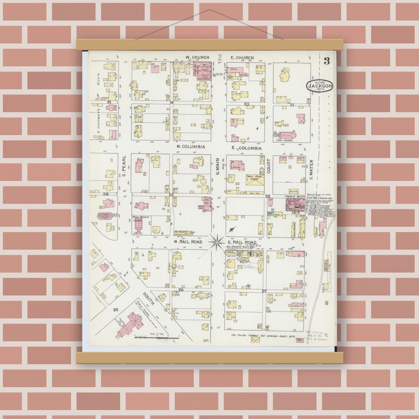 Old map wall art mockup — magnetic wood frame on brick wall — Sanborn Fire Insurance Map from Jackson, Jackson County, Ohio (1892), Sheet #0003
