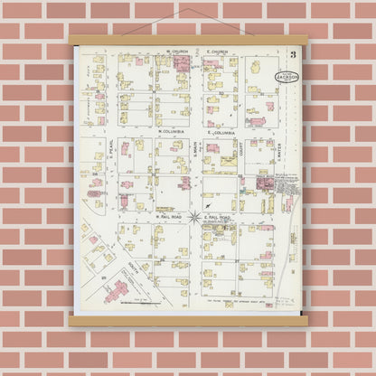 Old map wall art mockup — magnetic wood frame on brick wall — Sanborn Fire Insurance Map from Jackson, Jackson County, Ohio (1892), Sheet #0003